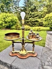 Vintage Mid century Knob Creek Brass Balance Scale  Table Lamp Wood Base 32” H