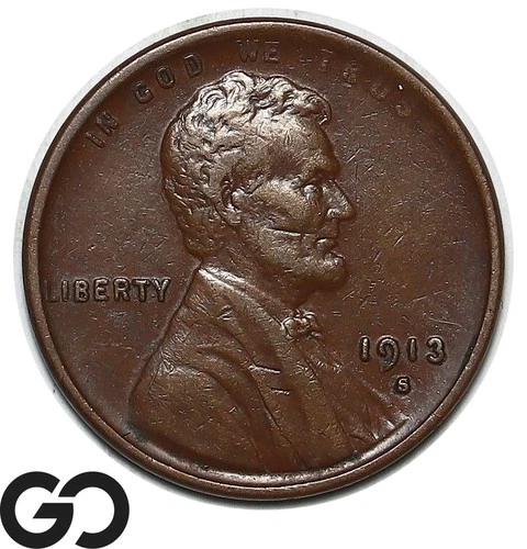 1913-S Lincoln Cent Wheat Penny, Choice AU+