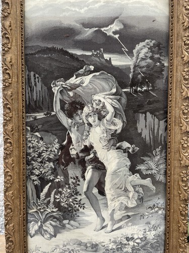 Romantischer Wandteppich 19.Jh. - Paar auf der Flucht vor dem Sturm - alter Goldrahmen » - Bild 2 von 13
