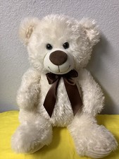 Vintage Cream Or Beige Plush Teddy Bear With Brown Bow