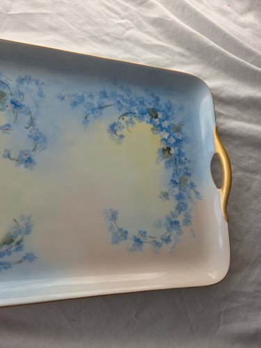 Antico vassoio vanità bavarese in porcellana dipinta floreale blu firmato - Foto 3 di 11