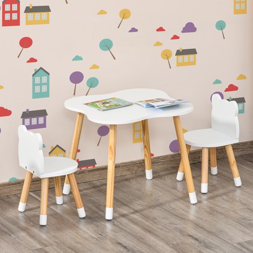 HOMCOM Set Tavolino con 2 Sedie per Bambini a Forma di Orsetto in Legno Bianco - Foto 9 di 10