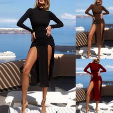 New Stylish Women Long Sleeves Slit Solid Bodycon Patchwork Nightclub Dress