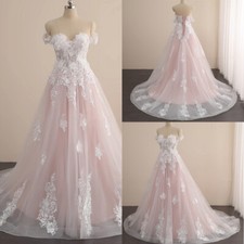 Charming Pink Wedding Dresses 3D Flowers Off Shoulder Sweep Train Bridal Gowns