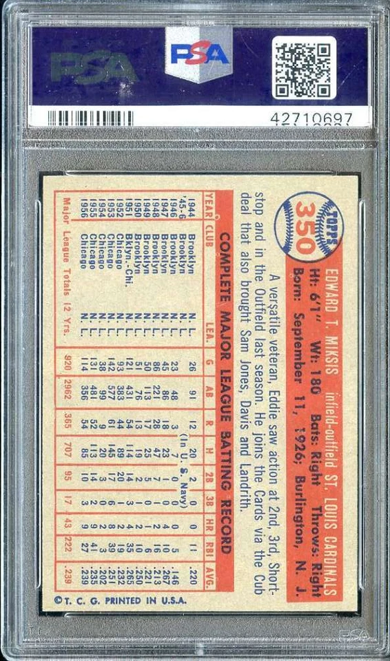 1957 TOPPS #350 EDDIE MIKSIS PSA 8 CARDINALS - Image 2 of 2