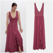 Zara Knit Pleated Ruffle Midi Dress Maroon Sleeveless Deep V Neck Sz M Feminine