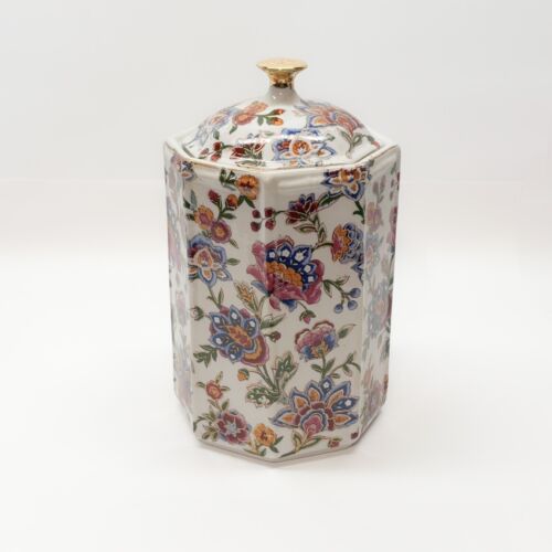 Vintage Zhong Guo Zhi Zao Gold Embossed Hand Painted Canister Floral 9.5" h.