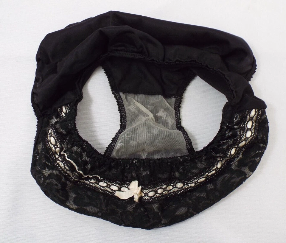 Ropa interior de bikini de encaje de nailon transparente negro vintage TALLA 4 XS lengüeta de almohada cinta rosa Foto 4 de 4