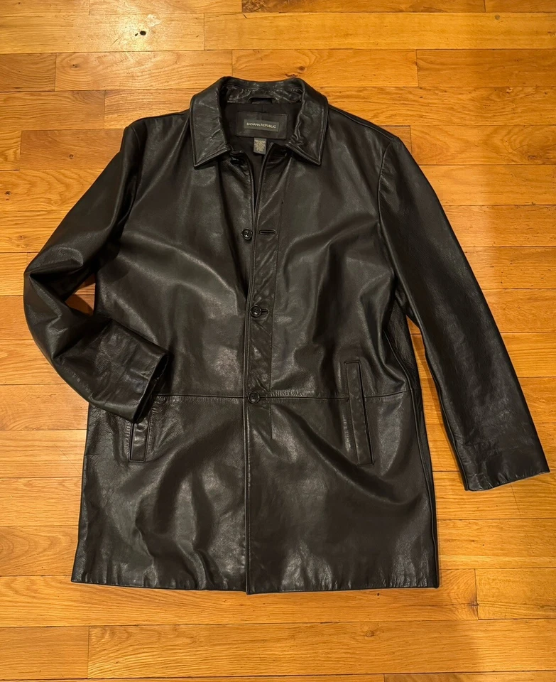 Vintage 90’s Y2K BANANA REPUBLIC Black Leather Coat Mens Large