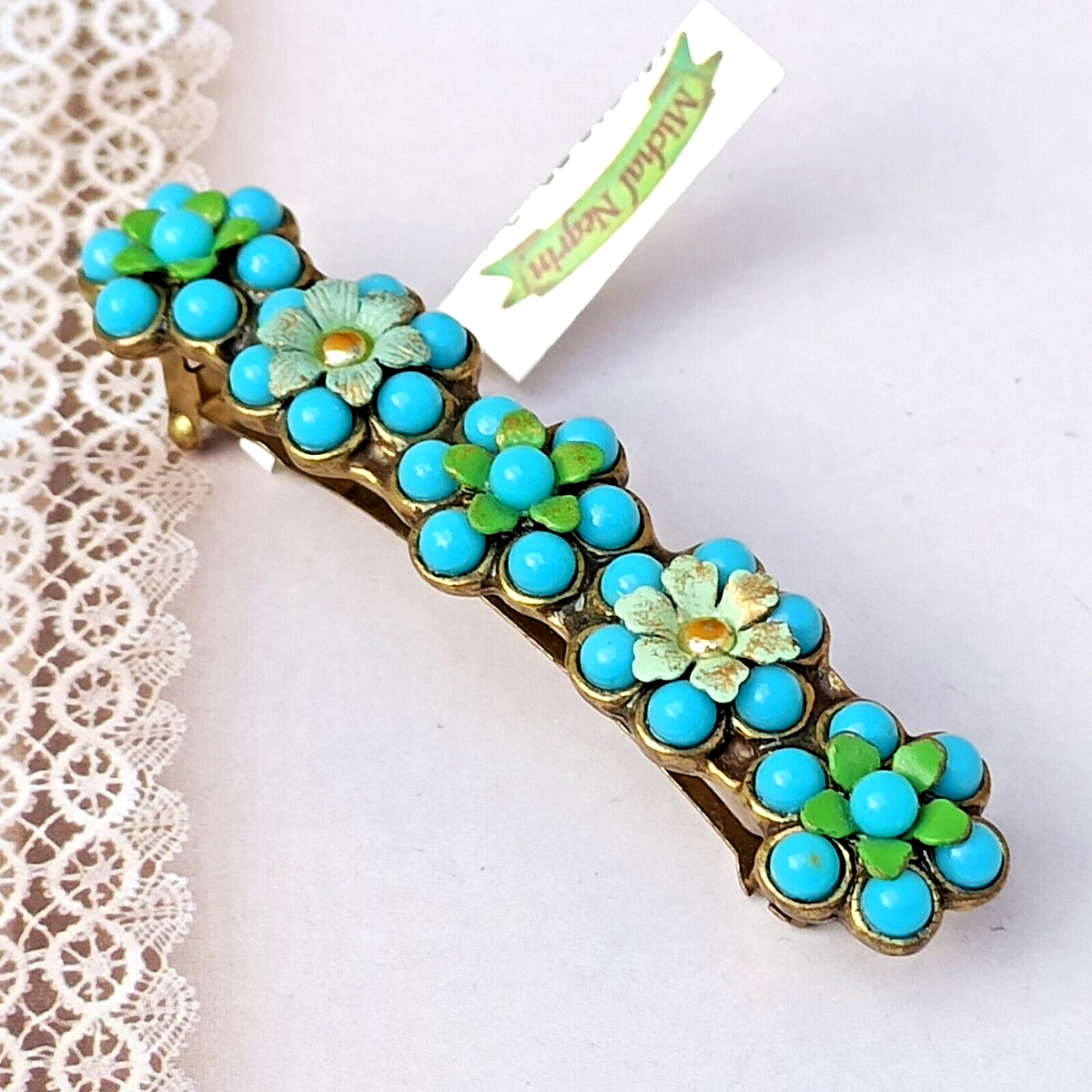 Michal Negrin Hair Clip Turquaze Blue Beads Flowers Pastel Green