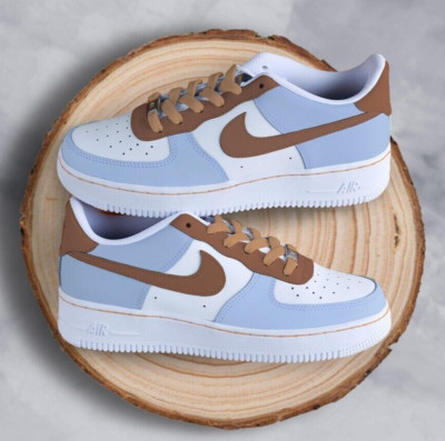Air Force 1 Custom White Mens Shoes, Airy Pastel Light Blue Mocha Brown Laces