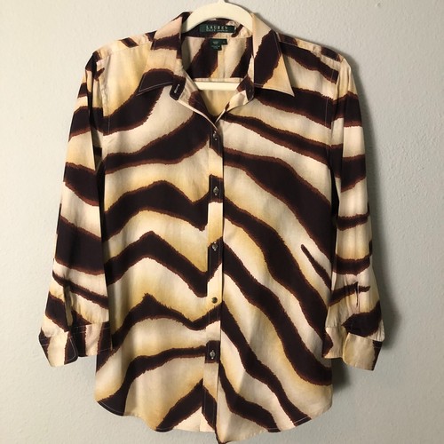Lauren Ralph Lauren Women's Tan Brown Zebra Print Button Up Top Large - Mobwife - Picture 3 of 6