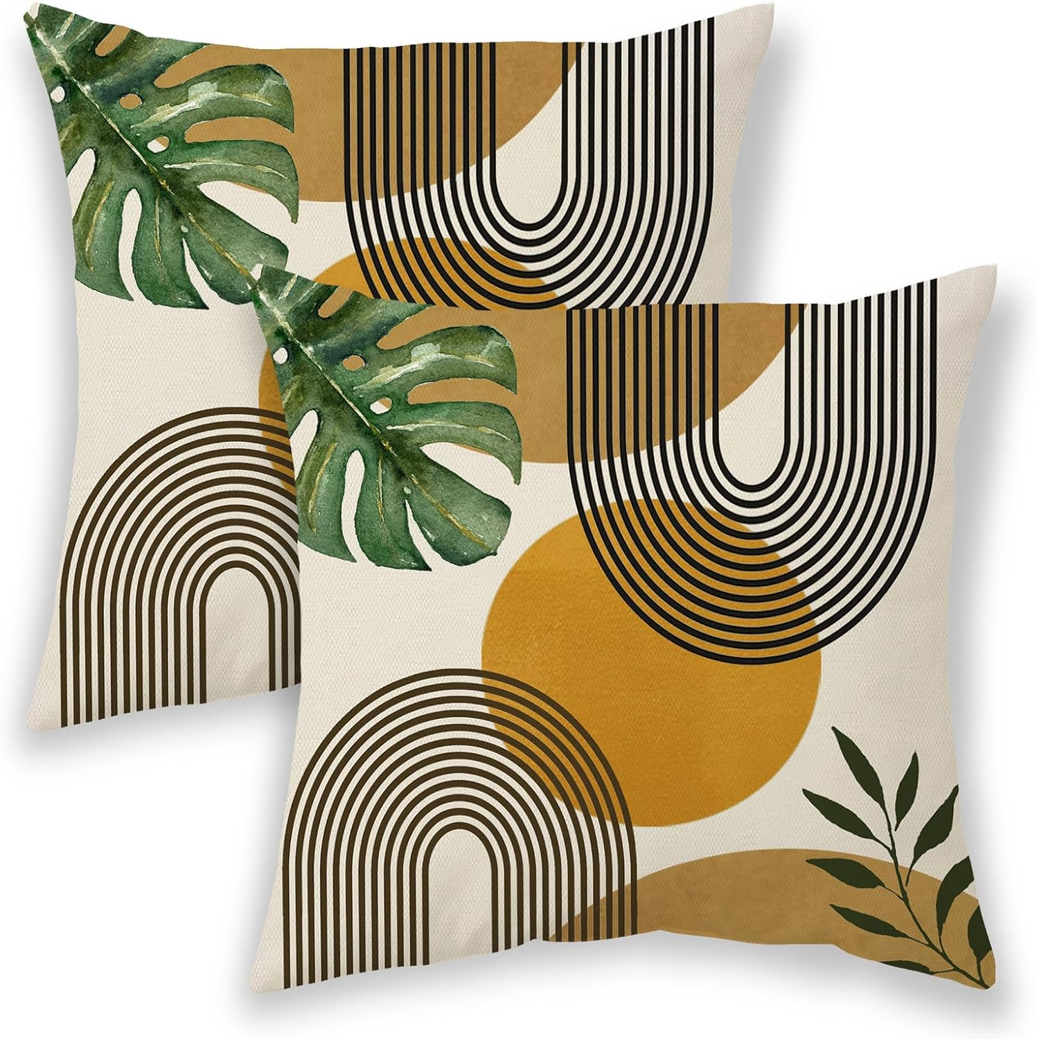 Boho Summer Pillow Covers 18x18 Inch 2-Pack Mustard Yellow Leaf Outdoor Decor