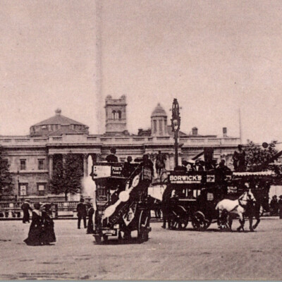 Vintage 1910s Trafalgar Square London Double Deck Horse Wagon Car Postcard