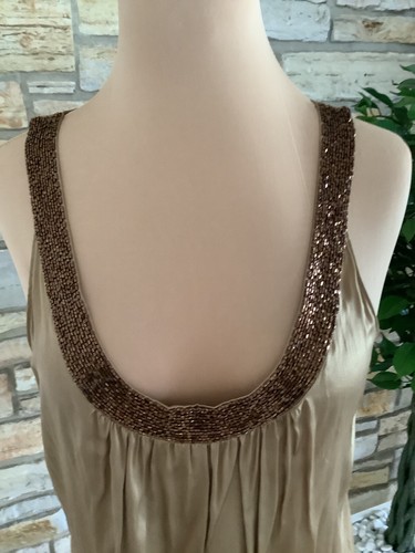Vintage EXPRESS Deep Scoop Stretch Silk Tunic Bronze Copper Beaded Neckline M - Picture 2 of 21