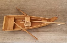 Swedish Antique Handcrafted Wooden Miniature Row Boat w Oars And Fishing Pole