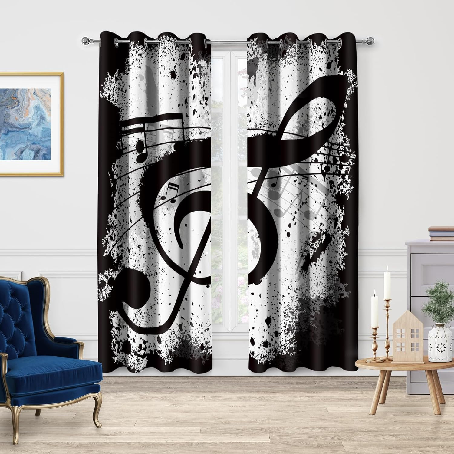 Music Note Blackout Curtains Rustic Black White Musical Notes Theme Print Drapes