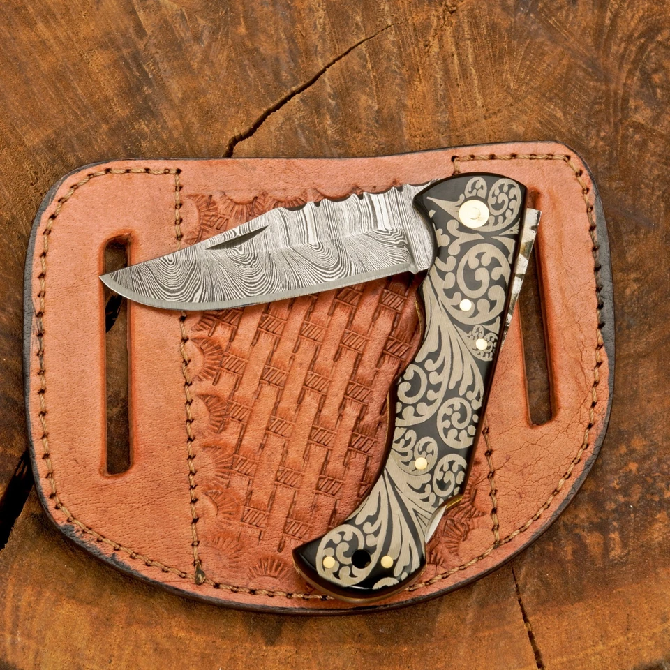 Cuchillo Plegable de Acero Damasco Personalizado con Mango Floral, Funda de Cuero, O-300 Foto 2 de 4