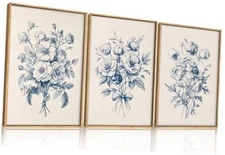  Blue Floral Wall Art Set of 3, Vintage Botanical 36"L x 24"W Flower Sketch