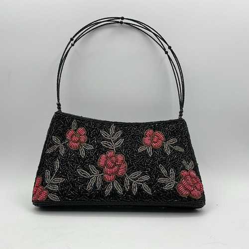 Vintage Black Beaded Floral Evening Purse Pink Rose Handbag Zipper Top