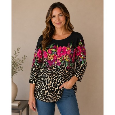 Boston Proper Top Women Large Black Floral Leopard Print 3/4 Sleeve Boat Neck