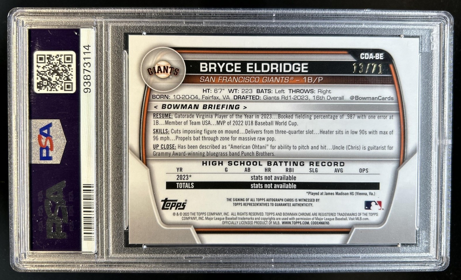 2023 Bowman Draft Bryce Eldridge Chrome Auto Sparkle Refractor 1st #/71 PSA 10 view 2