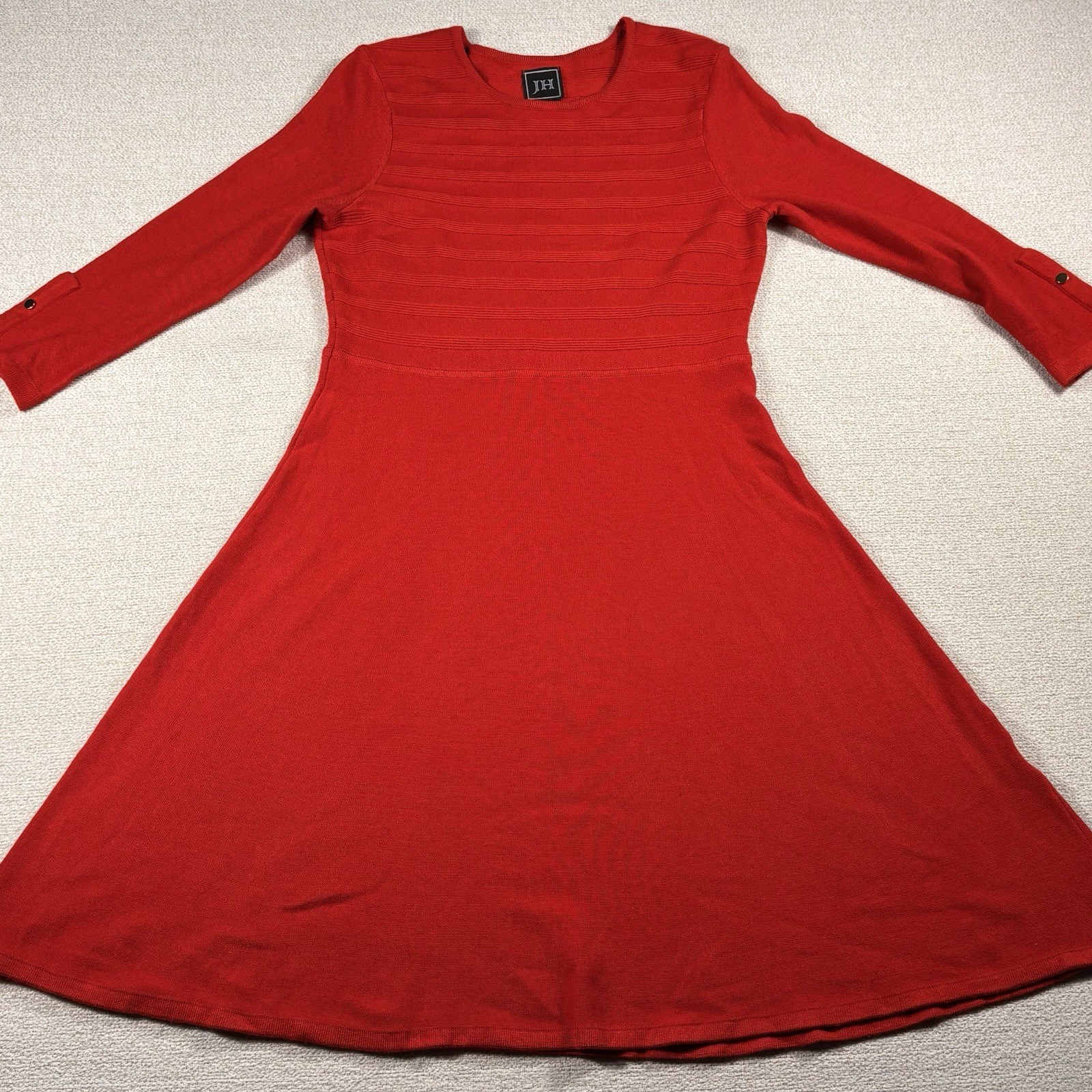 Vestido J. H. Manga Larga Mujer Medio Rojo Acanalado Pecho Calce y Acampanado Sexy Curvilíneo