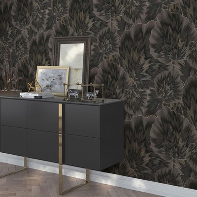 Marble Effect Wallpaper Bliss Floral Washable Black / Gold Erismann 10402-15