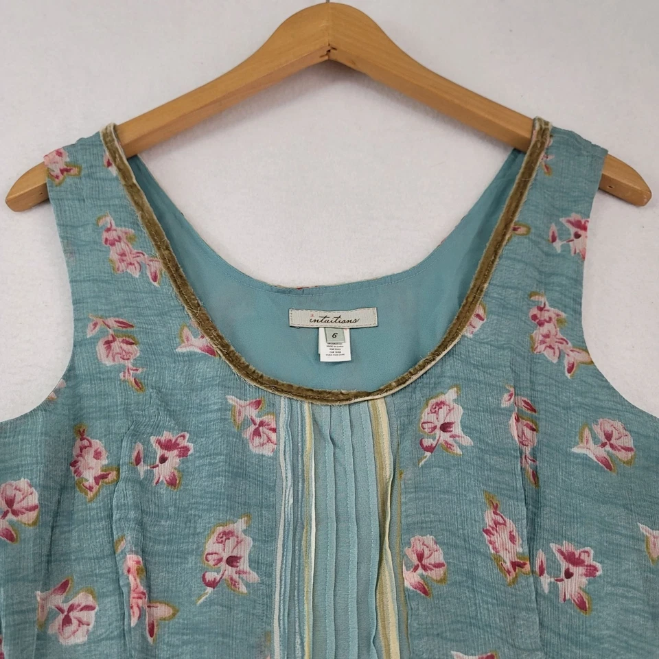 Intuitions 复古蓝色粉红色花卉丝绸串珠无袖背心 6 码 — 第 4/4 张图片