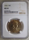 1954 Franklin 50C Silver Half Dollar, NGC MS64, NICE COIN, SWEET TONING!