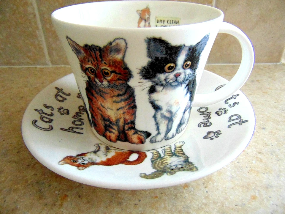 Juego de tazas y platillos Roy Kirkham Animal Fashions gatos en casa Bone China England Foto 4 de 4