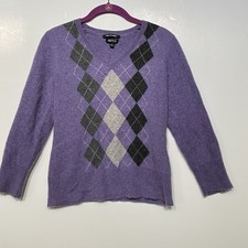 Apt 9 100 Cashmere Sweater L Purple Grey Argyle Pattern V Neck Pullover Flaws