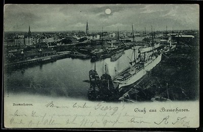Mondschein-AK Bremerhaven, Hafenansicht mit Segelschiffen und Ortspanorama 1898 