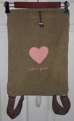 Life Is Good Corduroy Backpack 12'' x 16'' Tan Brown w Pink Heart Patch Embroidery
