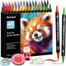 48 Colors Acrylic Paint Markers, Dual Tip w/ Precision Fine Tip  Brush Tip Pens