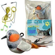 Plush Chirping Bird Cat on Elastic String with Doorway Hanger - No Flimsy Suc...