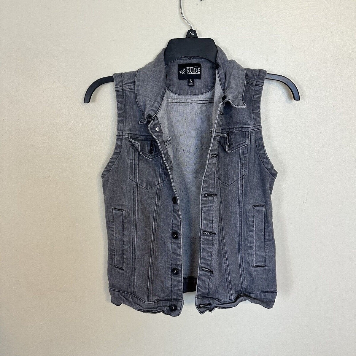 Hot Topic Jean Jacket Vest Womens XS Grey Rude Brand Love Never