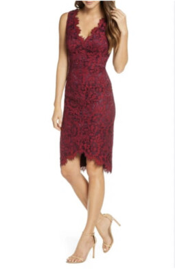 Women's Eliza J Tulip Hem Lace Cocktail Dress, Size 12 - Burgundy