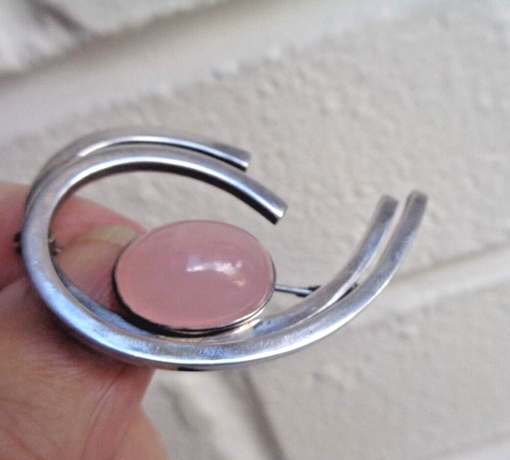 Vintage Finnish Silver Modernist Rose Quartz Brooch h/m 1960 Erik Granit Finland thumbnail 6