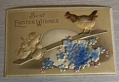 Best Easter Wishes Puffy 3D Hen Chicks Flocked Postmark 1914