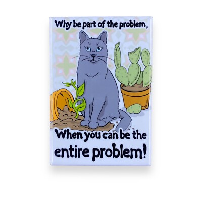 Funny Gray Cat and Plants Magnet Handmade Pet Portrait Art Decor Gift 2x3''