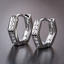 White Gold Plated Iced CZ Small 14K Octagon Hoop Earrings