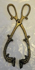 ANTIQUE SOLID BRASS FIREPLACE COAL TONGS w/SERPENT/KOI HEADS CA 1850