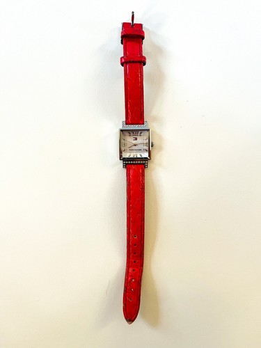 Tommy Hilfiger Watch Red Leather Buckle Band Silver Tone Rectangular Face - Picture 2 of 6