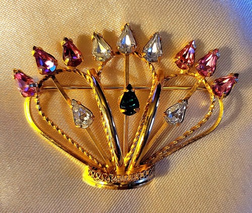 Ekelund Bros 12k GF Krone bunte Trachten Brosche Anstecknadel Swarovski USA 50er Jahre - Bild 4 von 12