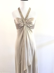 Maggy-London-Silk-Halter-Dress-Size-12-Beige-Draped-Fit-Flare-Long-Empire-Waist
