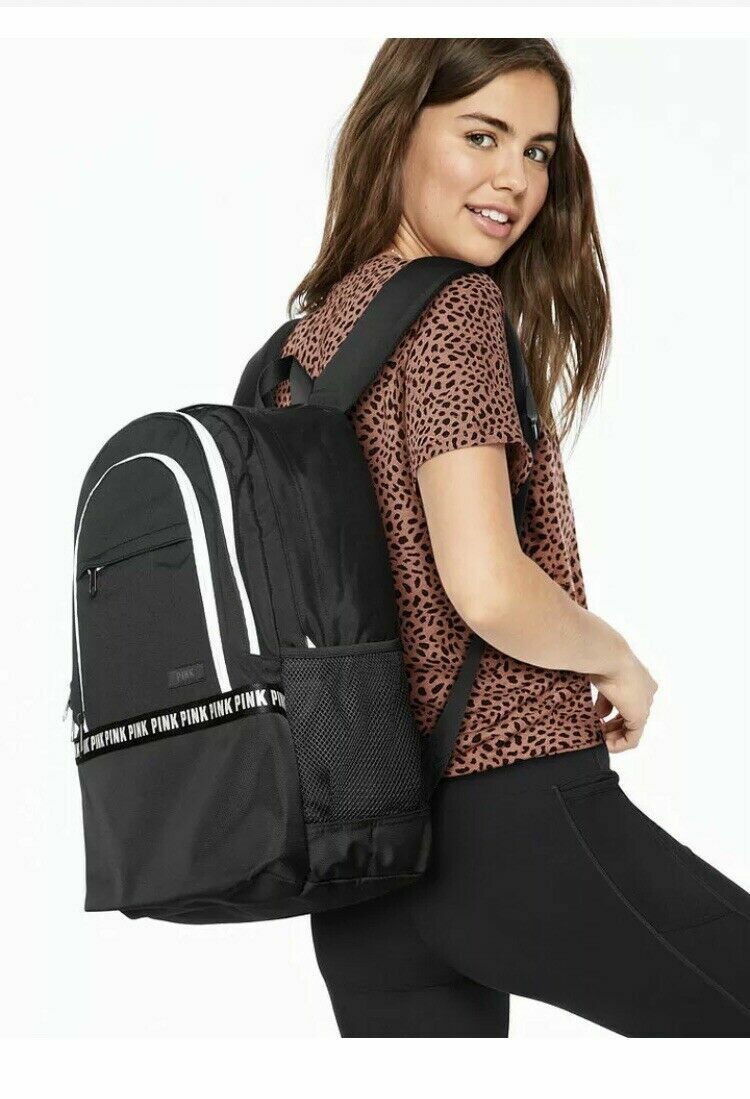 black leather victoria secret pink backpack Victoria's Secret Pink Reflective Collegiate Backpack Black Silver Logo NWT