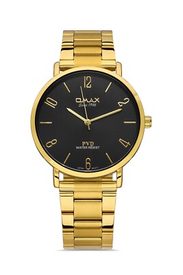 OMAX MEN'S WATCH SEIKO MVMT GOLD PLTD BAND & BLACK DIAL S. STEEL WATER RESISTANT