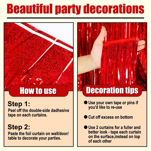 3 Pack Red Foil Fringe Curtain Backdrop 3.28Ft x 8.2Ft Party Photo Booth Decor - Picture 3 of 5