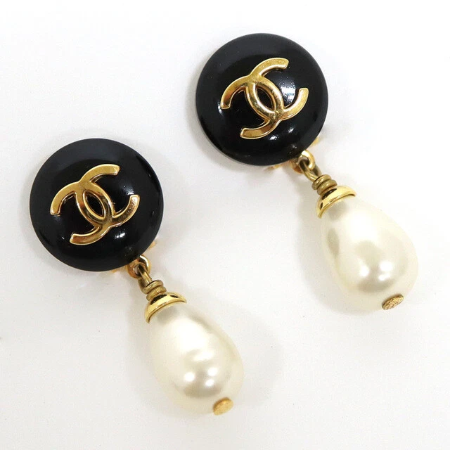 Chanel Onyx Pearl Earrings Cocomark Gold Plated Black GP 95A White Ladies  Boxed